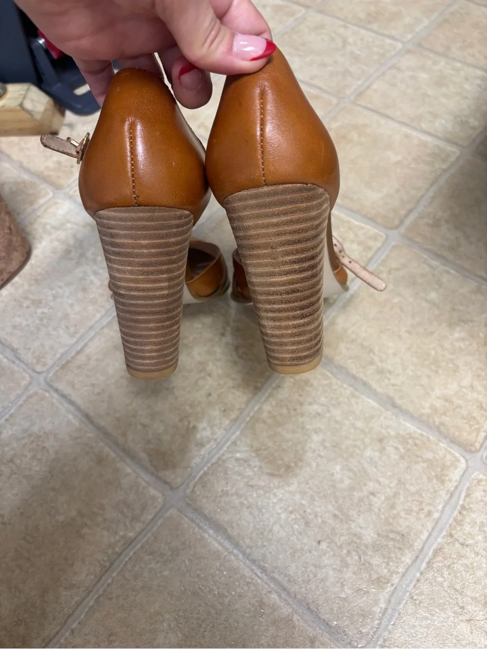 Steve Madden Tan Leather Ankle-Strap Peep-Toe Heels